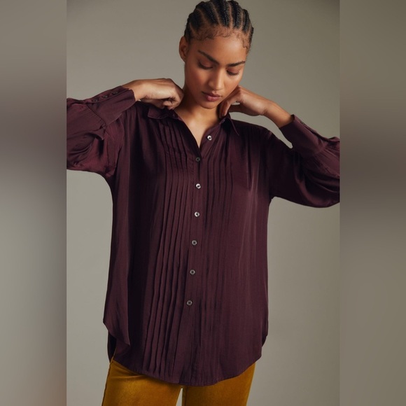 Anthropologie Tops - By Anthropologie Tuxedo Blouse small plum burgundy pleated long sleeve b…